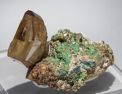 Baryte with Malachite and Pyrite.