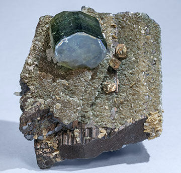 Fluorapatite with Ferberite, Siderite, Muscovite and Pyrite. 