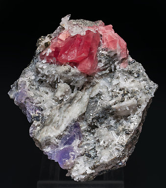 Rhodochrosite with Fluorite, Quartz and Pyrite. Front
