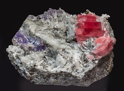 Rhodochrosite with Fluorite, Quartz and Pyrite. Side