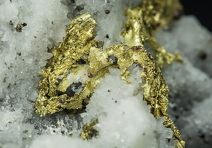 Oro (variedad argentfera) sobre Cuarzo con Esfalerita y Calcopirita. 