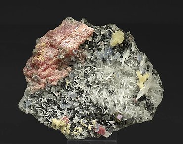 Rhodochrosite with Quartz, Fluorite, Calcite, Tetrahedrite and Chalcopyrite. 