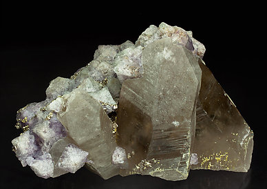 Smoky Quartz with octahedral Fluorite and Pyrite. Front