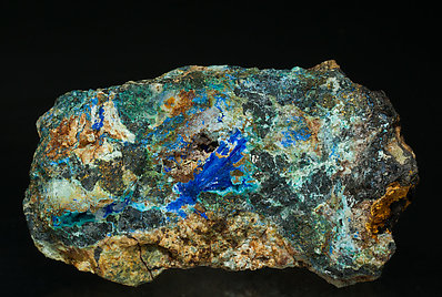 Linarite with Caledonite, Sphalerite, Quartz and Chalcopyrite. 