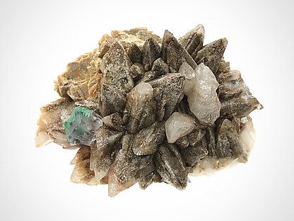 Fluorite coated by Malachite on Calcite. 