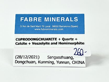 Cuprodongchuanite on Quartz with Calcite, Veszelyite and Hemimorphite