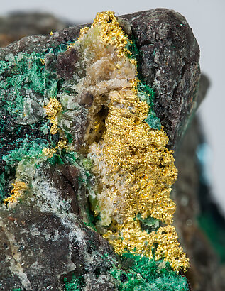 Gold with Covellite, Malachite and Chrysocolla. 