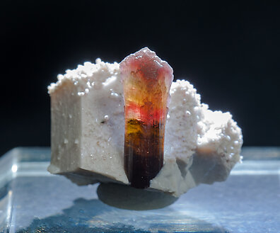 Elbaite-Schorl Series (variety rubellite) with Microcline and Feldspar. With light behind