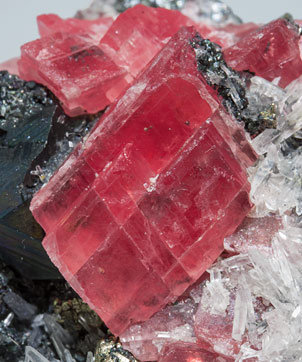 Rhodochrosite with Quartz, Tetrahedrite and Pyrite. 