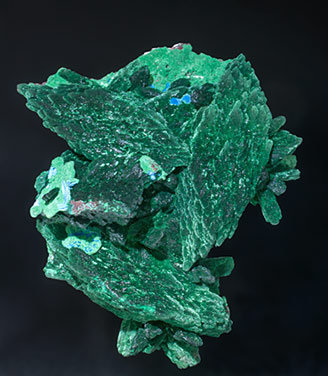 Malachite after Azurite with Plancheite. 