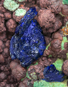 Azurite with Malachite, Quartz and Hematite. 