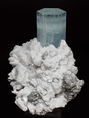 Beryl (variety aquamarine) with Albite, Mica and Schorl. Front