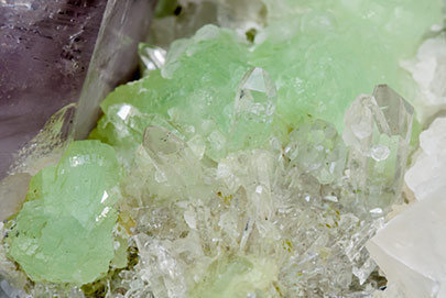 Quartz (variety amethyst) with Prehnite, Quartz and Calcite. 