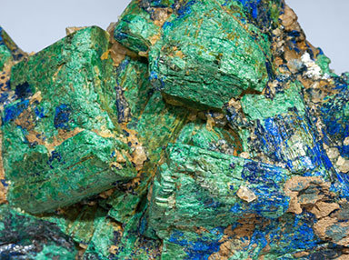 Chalcostibite with Azurite and Malachite. Close up