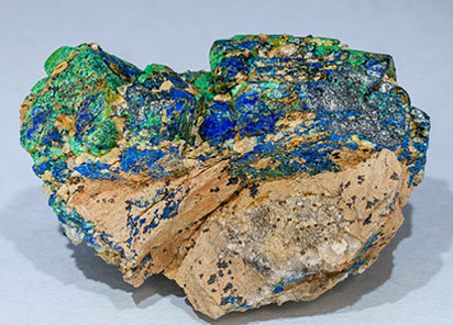 Chalcostibite with Azurite and Malachite. Rear