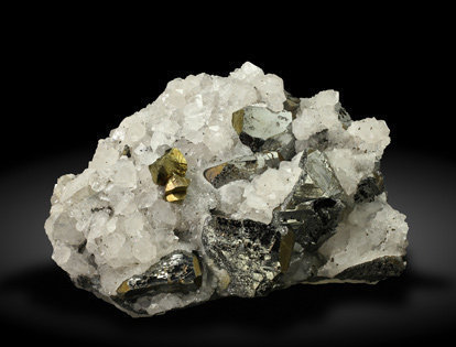 Tetrahedrite (silver rich variety) with Chalcopyrite and Quartz. 