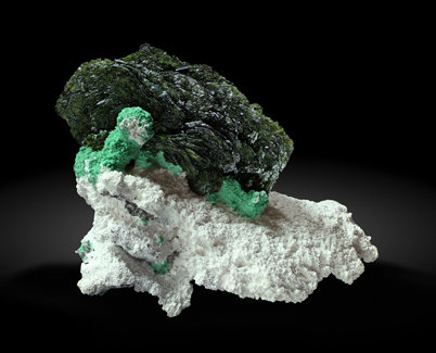 Volborthite with Malachite, Azurite and Dickite. Front