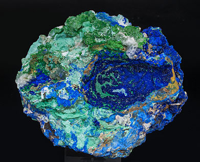 Azurite with Malachite, Calcite, Conichalcite and Olivenite. 