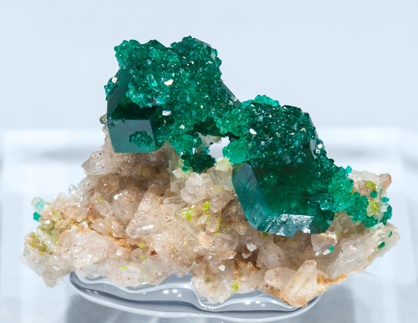 Dioptase with Quartz and Calcite.