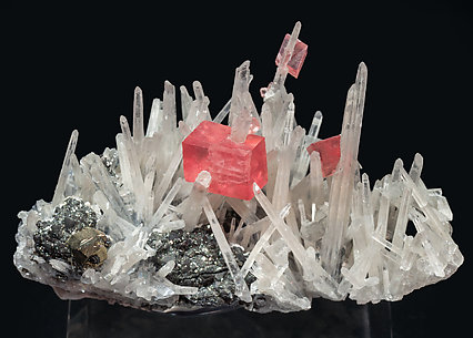 Rhodochrosite with Quartz, Tetrahedrite and Pyrite. 