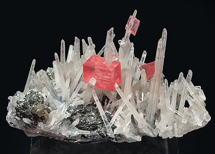 Rhodochrosite with Quartz, Tetrahedrite and Pyrite.