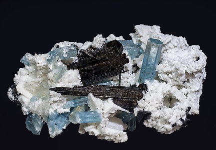 Beryl (variety aquamarine) with Schorl and Albite. Side