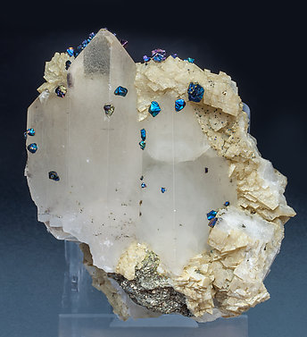 Chalcopyrite on Baryte, Dolomite, Calcite and Pyrite.