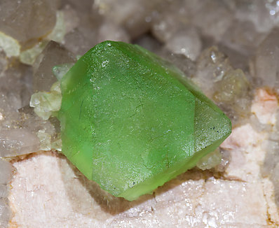 Octahedral Fluorite with Quartz (variety smoky) and Microcline. 