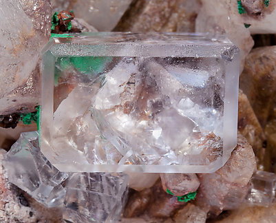 Fluorite with Calcite and Malachite. 