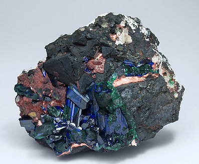Azurite with Malachite, Tennantite, Cuprite and Calcite. 