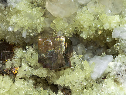 Fluorapophyllite-(K) with Harmotome, Calcite and Pyrite. Detail