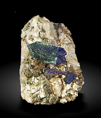 Doubly terminated Azurite with Malachite and Dolomite. Front / Photo: Joaquim Calln