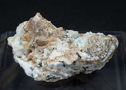 Wulfenite (variety chillagite) with Cerussite, Baryte, Fluorite and Galena. 