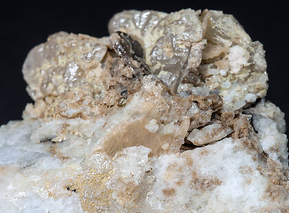 Wulfenite (variety chillagite) with Cerussite, Baryte, Fluorite and Galena. 