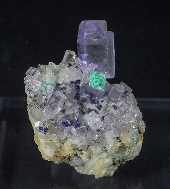 Fluorite with Azurite and Malachite. Front