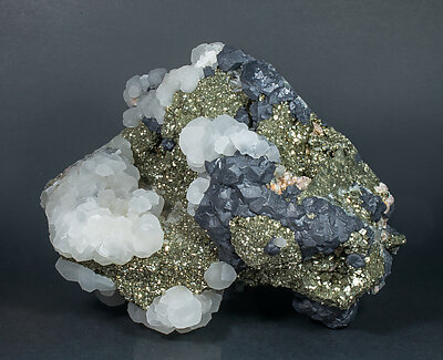 Pyrite after Pyrrhotite with Galena, Calcite, Quartz and Dolomite.