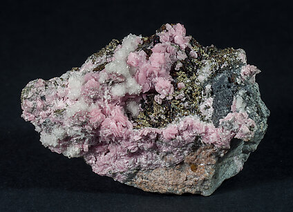 Rhodochrosite with Quartz, Chalcopyrite and Pyrite.