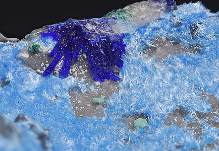 Carbonatecyanotrichite with Azurite and Calcite. Detail / Foto: Joaquim Calln