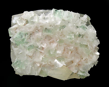Calcite with Okenite, Stilbite and Fluorapophyllite-(K). Front