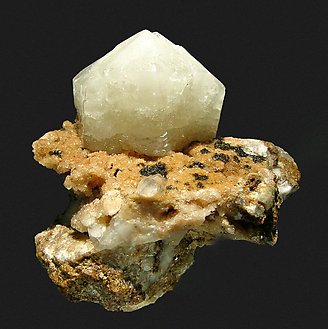Aragonite (variety tarnowitzite) on Calcite.
