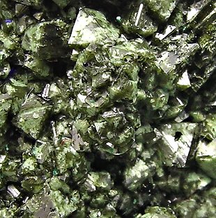 Olivenite with Azurite, Malachite and Duftite. 