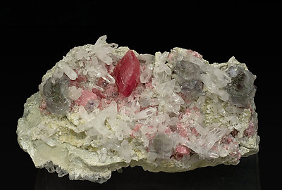 Rhodochrosite with Fluorite, Fluorapatite and Quartz.