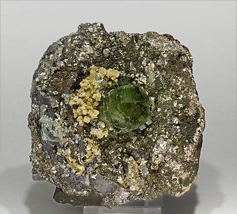 Fluorapatite with Siderite, Arsenopyrite, Pyrite, Ferberite, Schorl-Dravite and Muscovite. 