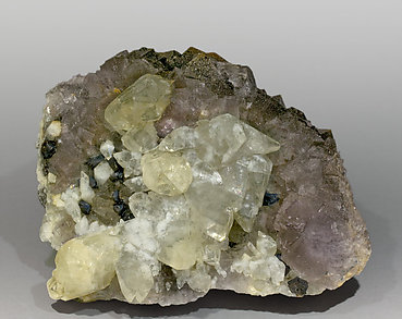 Fluorite with Calcite, Chalcopyrite and Sphalerite.
