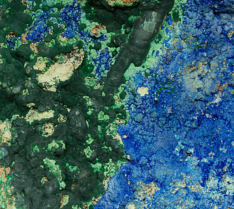 Azurite with Conichalcite and Tyrolite. 